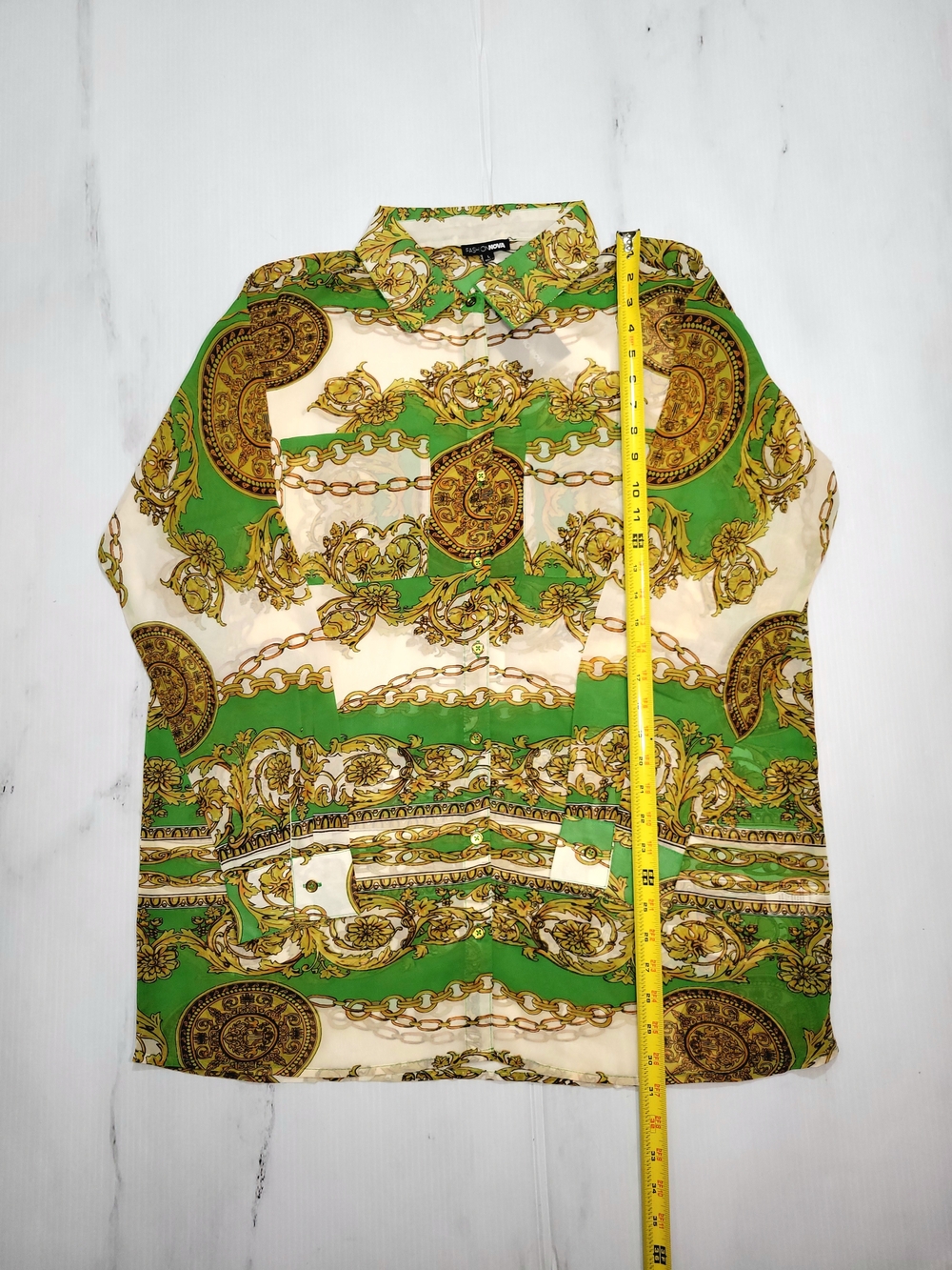 Fashion Nova Crunching The Numbers Printed Shirt Green Gold Baroque Large NWT
